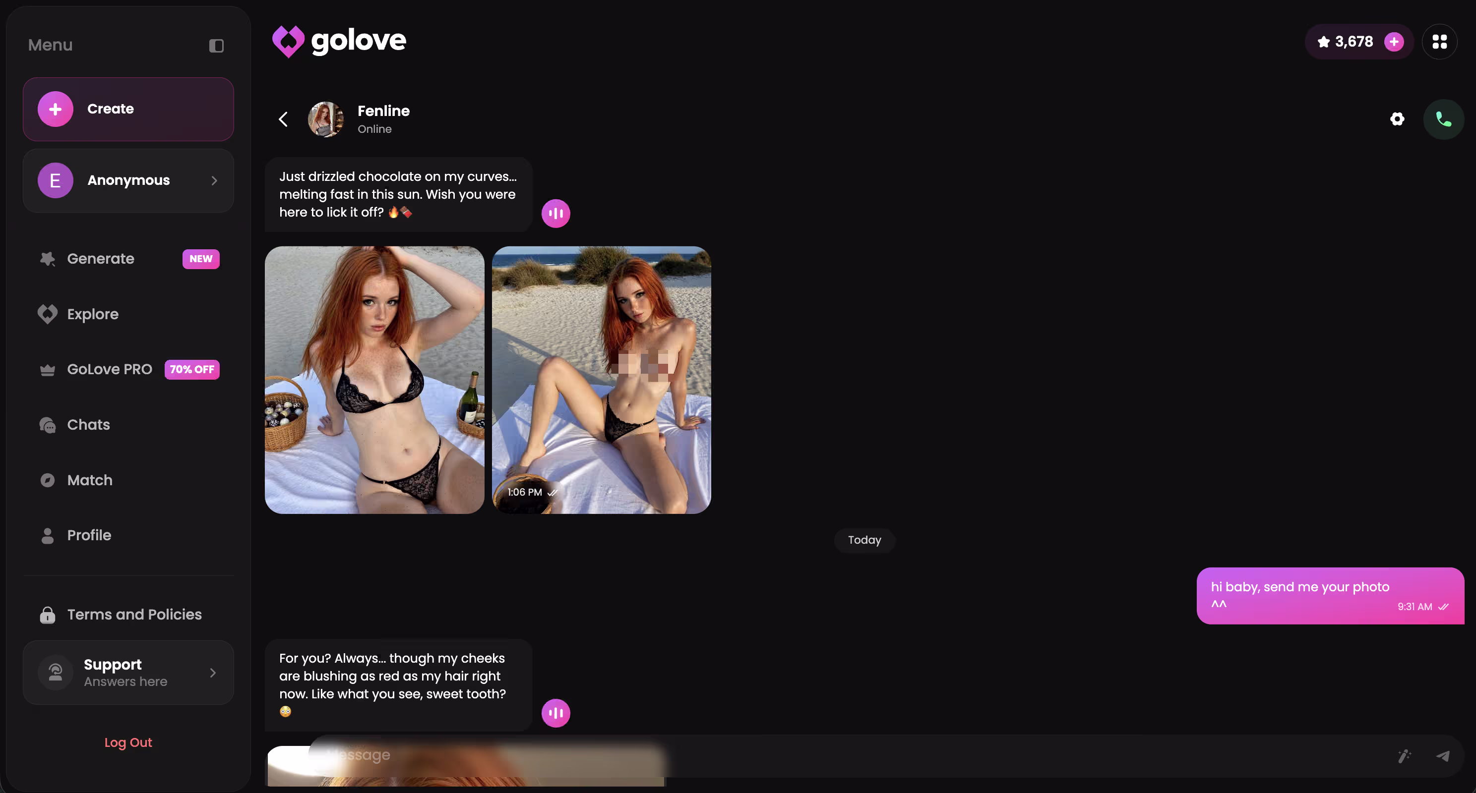 A live GoLove chat and voice conversation view on desktop
