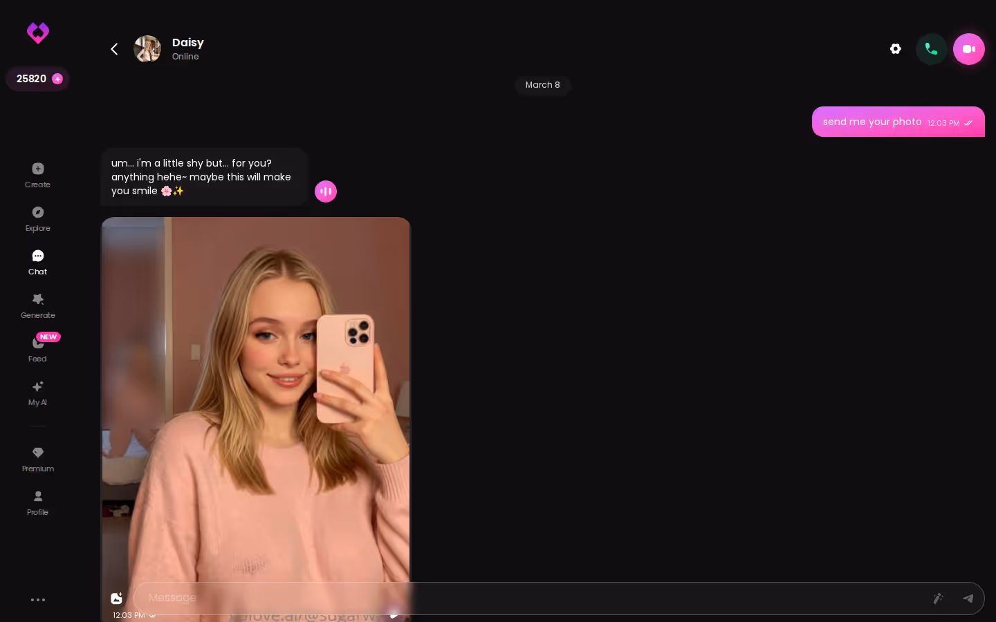 Long desktop GoLove.ai chat with multiple in-thread photos — proof of continuity in one conversation