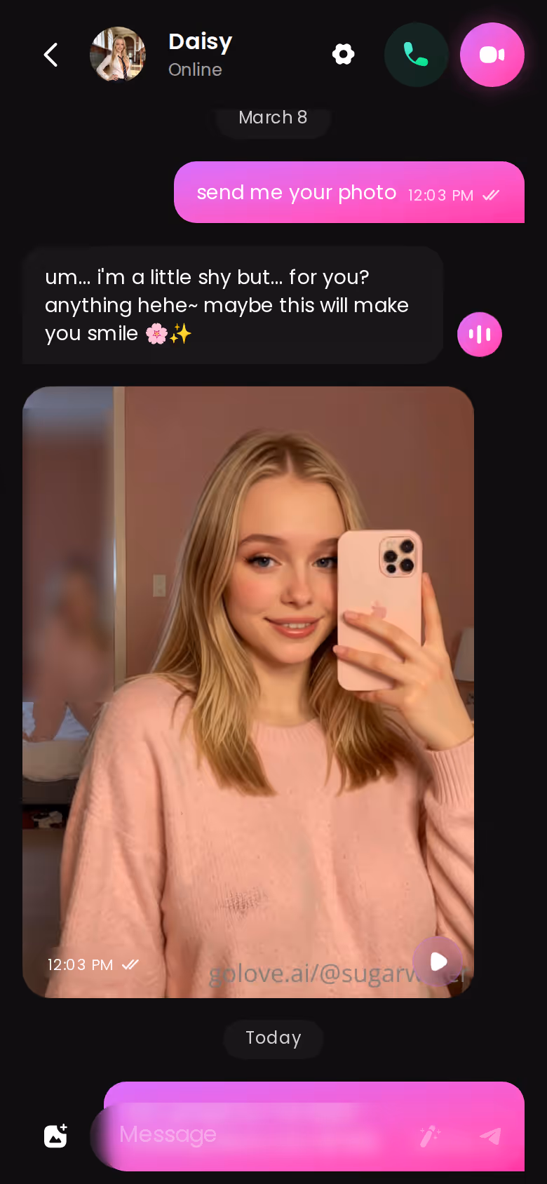 GoLove.ai mobile thread with a different character running the same instant photo request loop