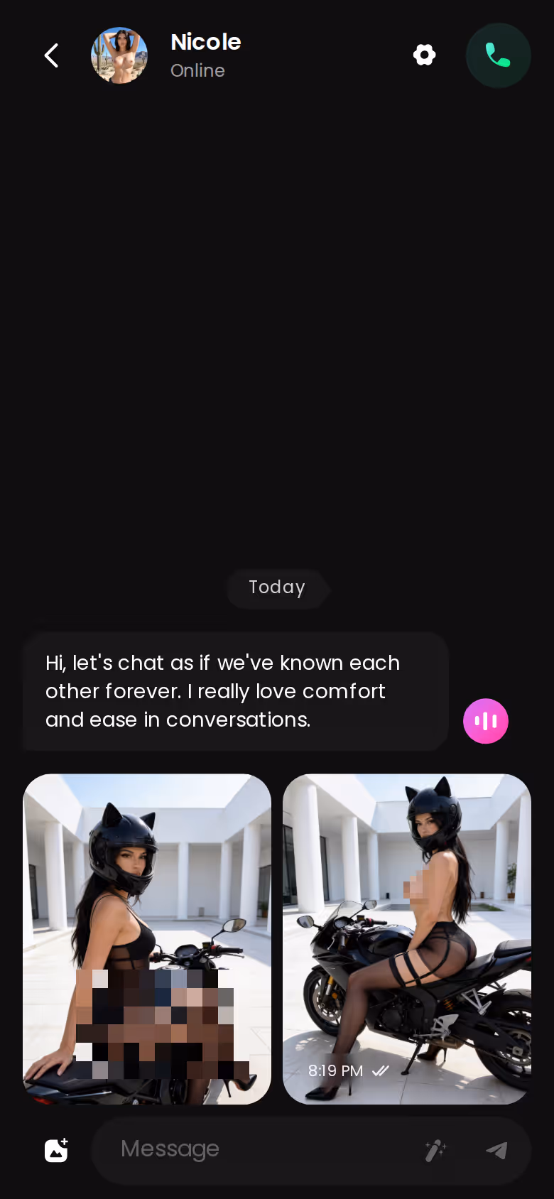 GoLove.ai mobile chat thread with in-chat photos and a voice-note button — the 'after' state, one character, one conversation