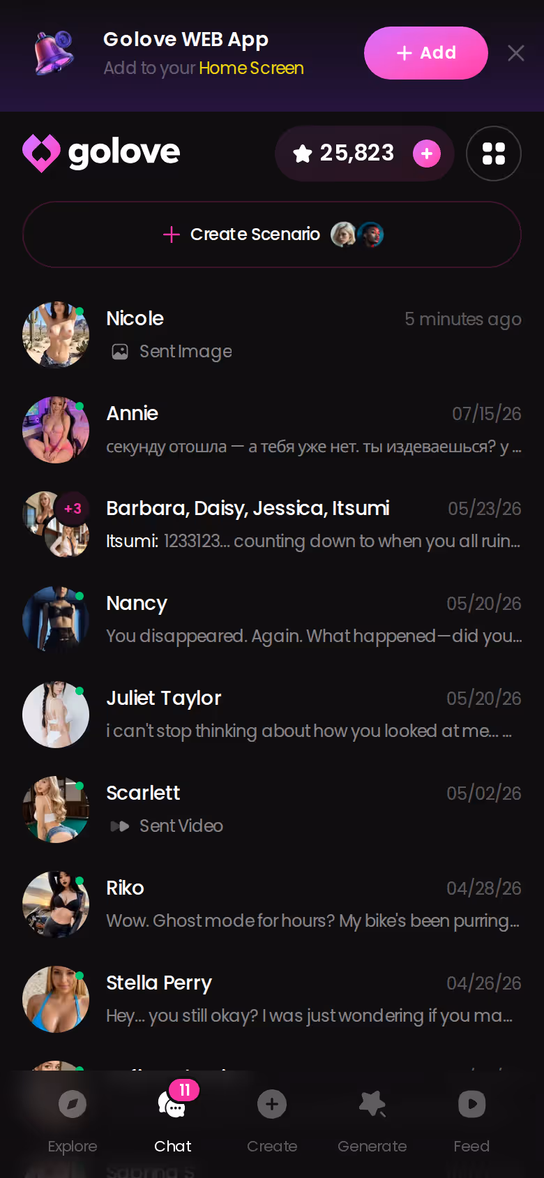 GoLove.ai mobile chats list — many active character threads under one account