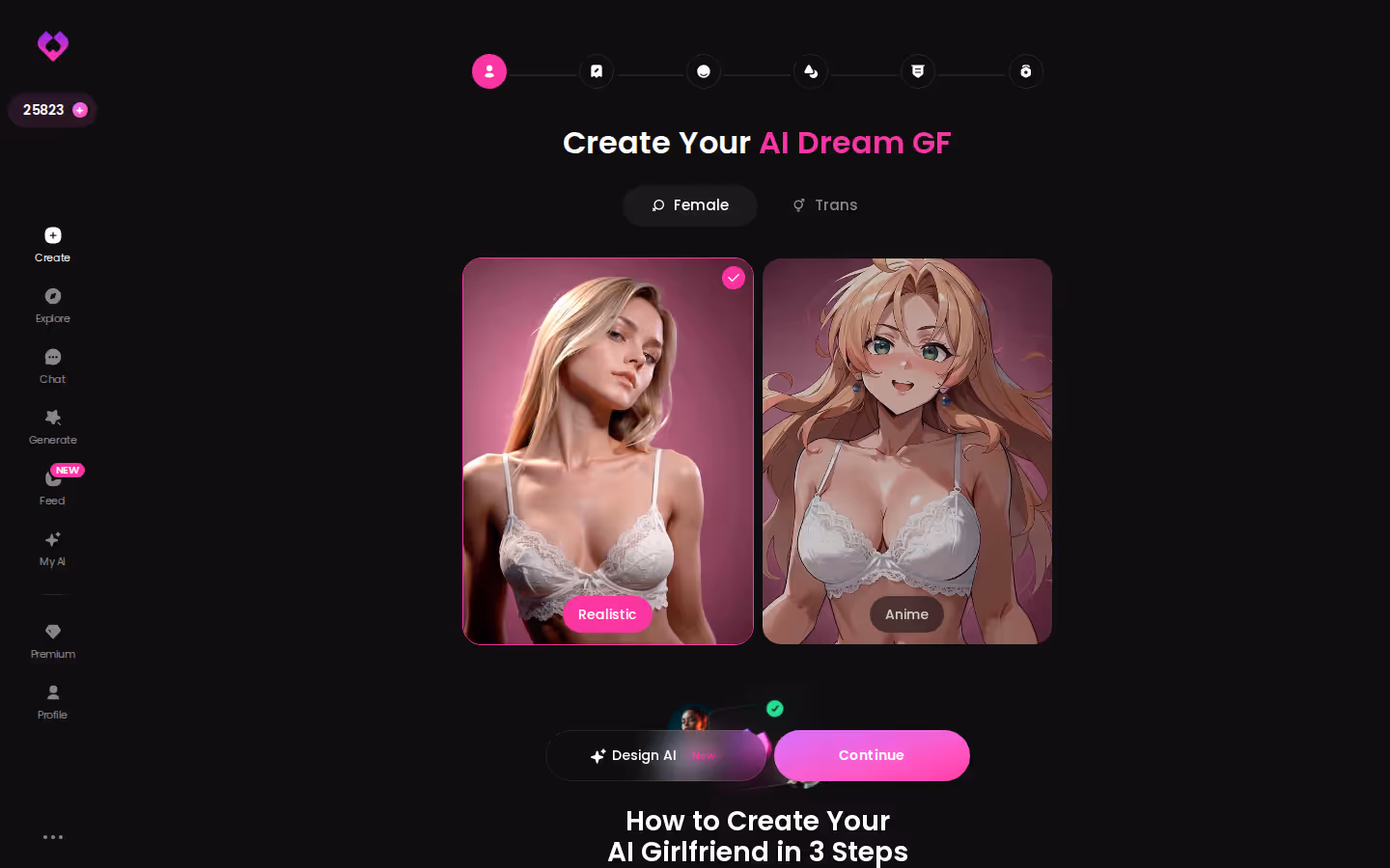 GoLove Create wizard start screen with category cards and the Design with AI option