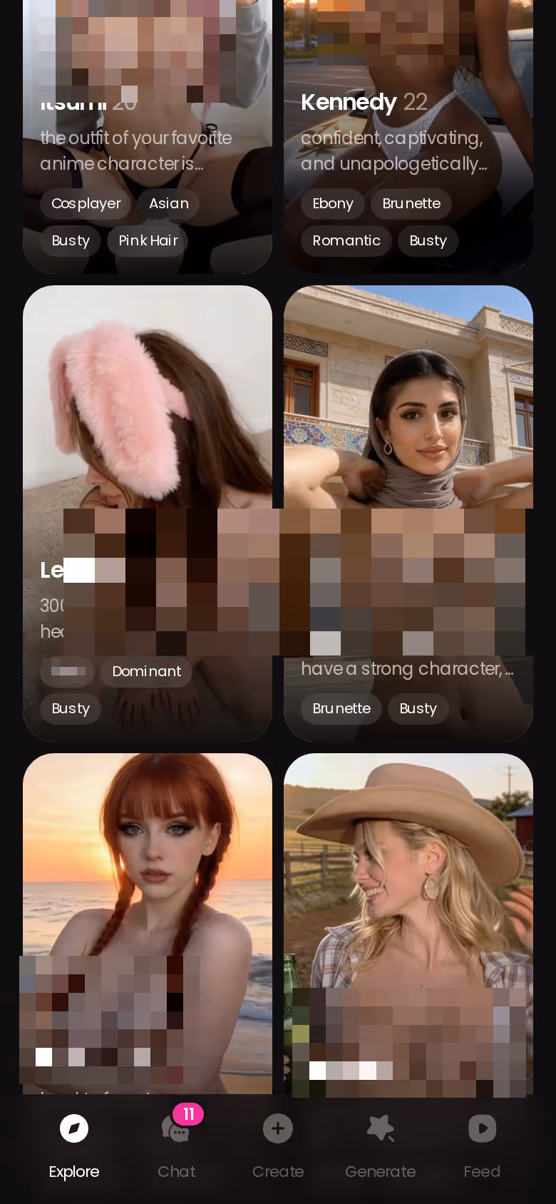 GoLove.ai Explore grid on mobile showing realistic AI girlfriend characters