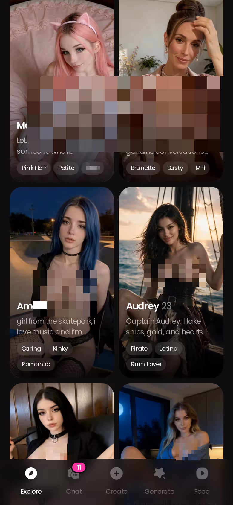 GoLove.ai Explore page on mobile showing realistic adult AI characters ready to chat