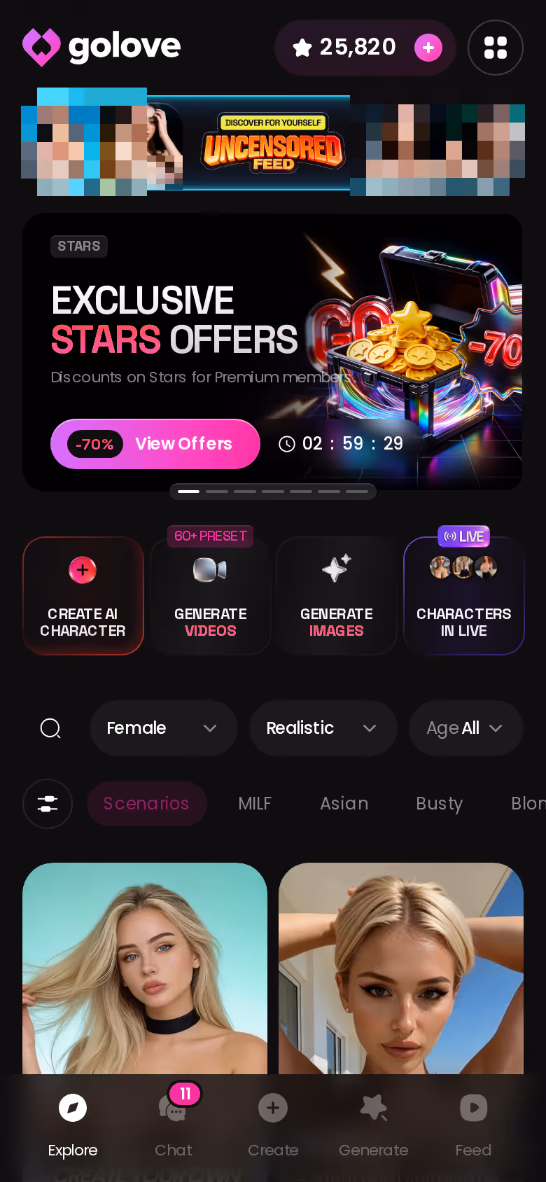 GoLove.ai Explore grid on mobile showing realistic AI characters ready to chat