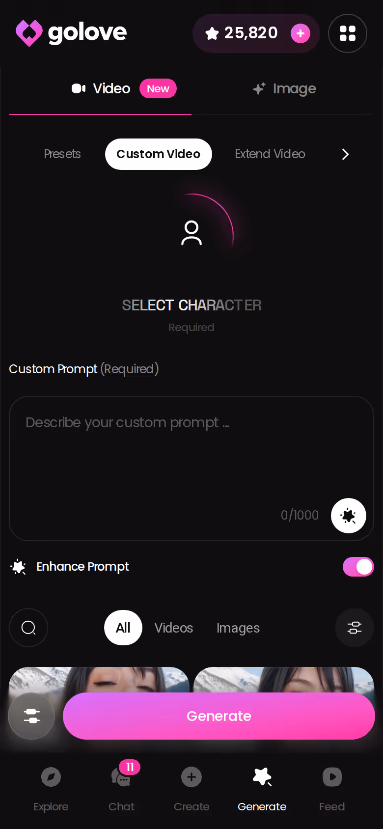 GoLove.ai Custom Video generator on mobile — preset cards for action, clothes and background with a single Generate button
