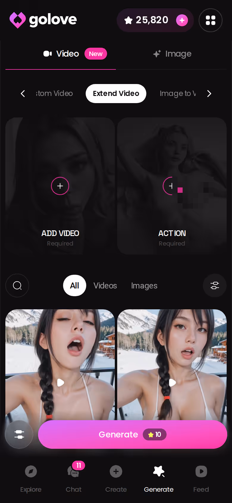 GoLove.ai Extend Video option on mobile for continuing a roleplay clip