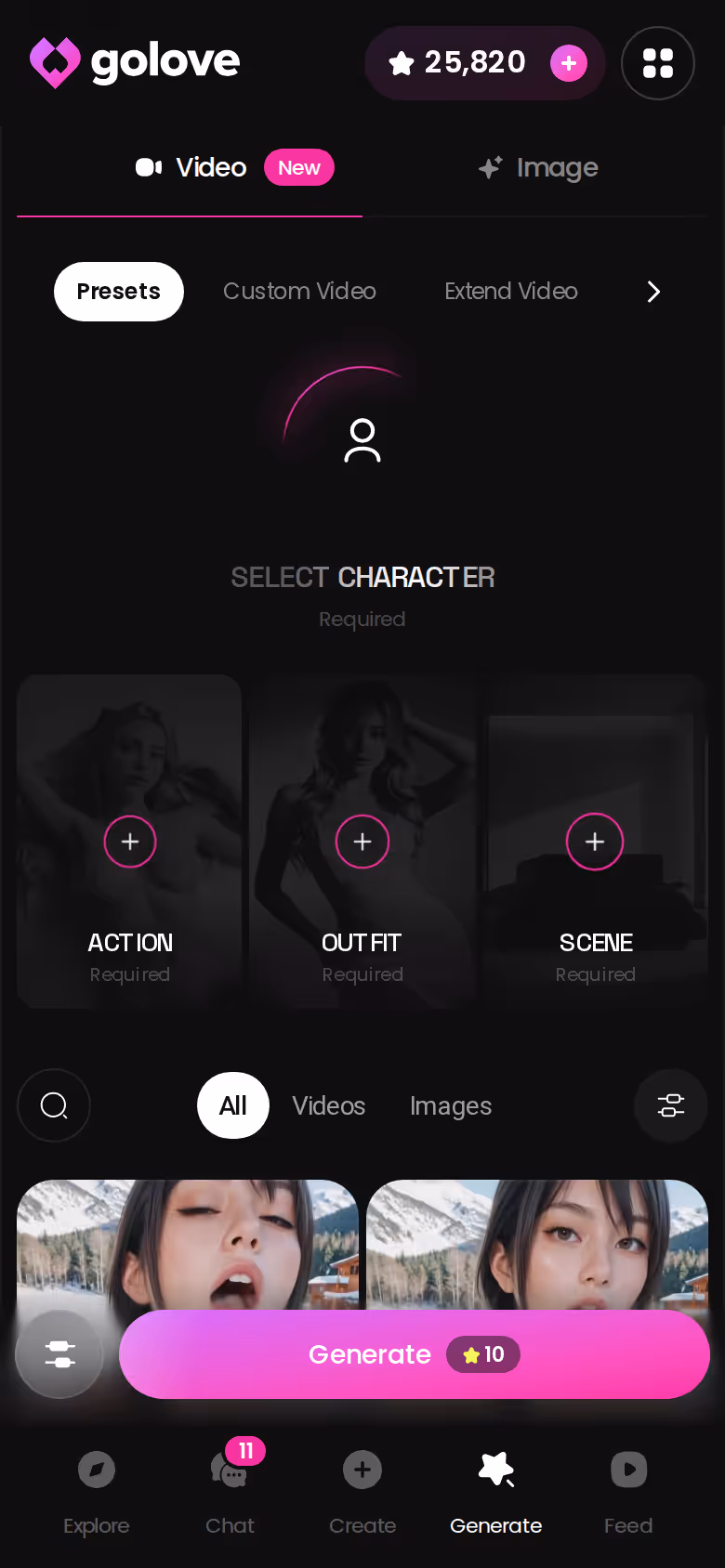 GoLove.ai Generate hub on mobile with Image and Video tabs and preset cards
