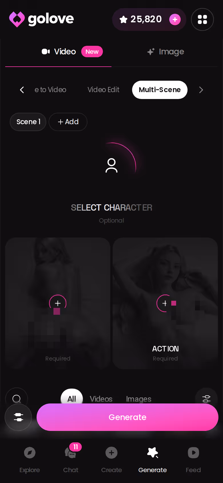 GoLove mobile generator with preset cards selected for a video