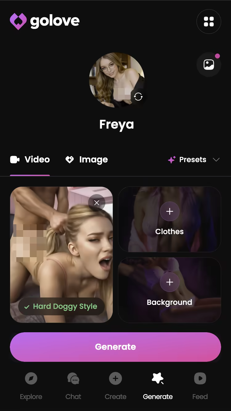 Explicit action preset selected in the GoLove.ai video generator — girlfriend ai