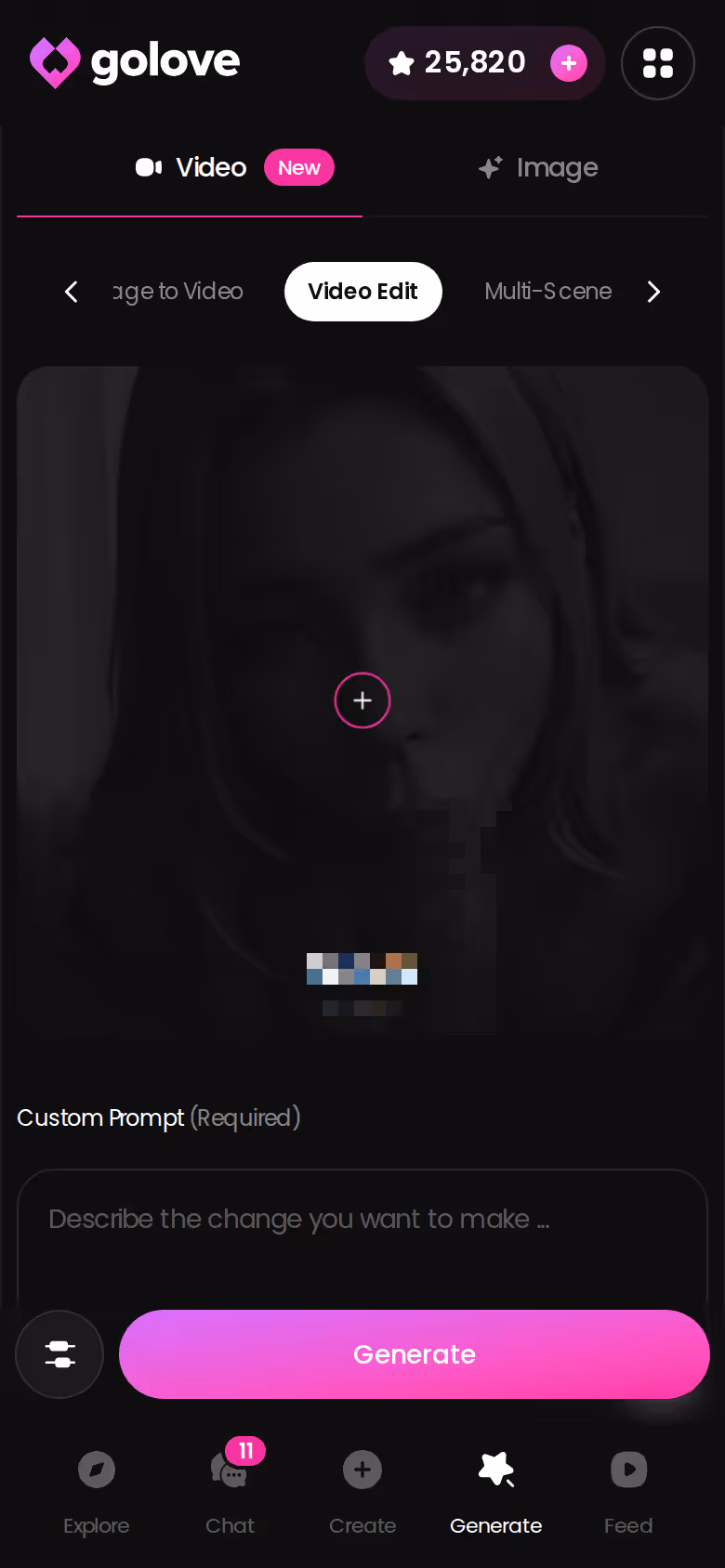 GoLove.ai Video Edit screen on mobile for adjusting an already generated clip